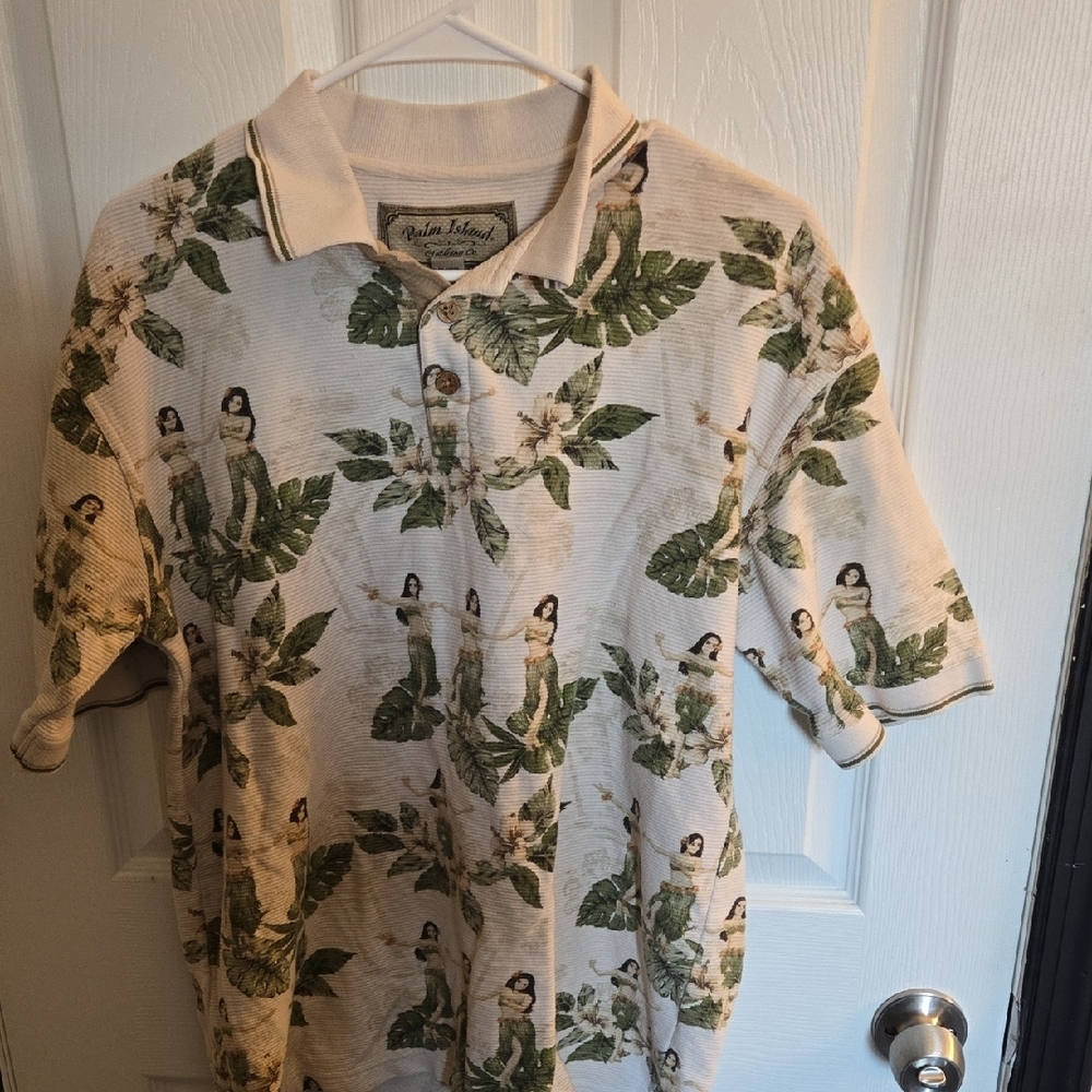 Cream and Green Polo Shirt with Tropical Design